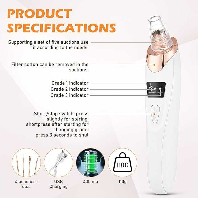 Electric pore vacuum cleaner specifications with 400mAh battery, USB charging and 110g weight