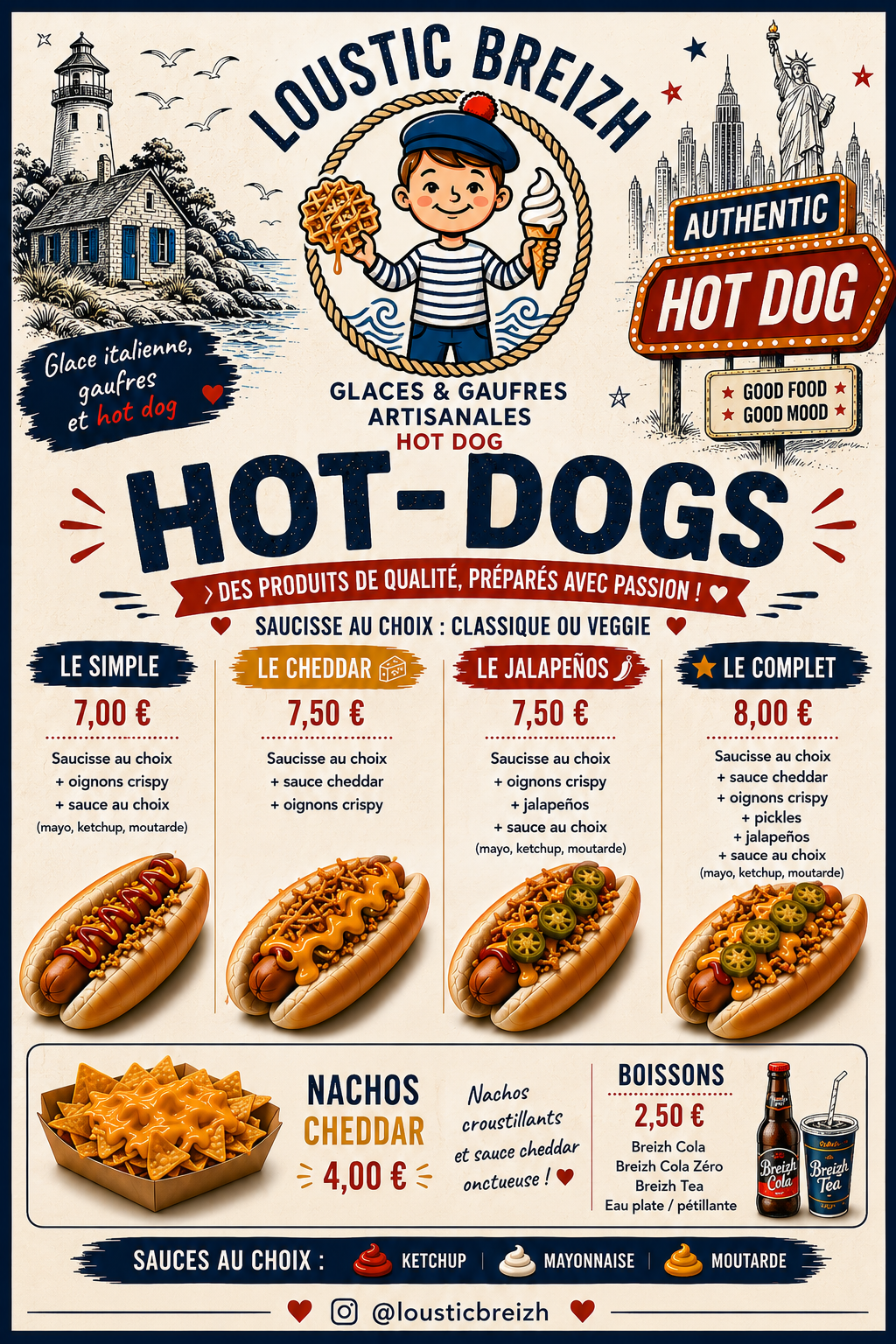 Hot Dog artisanal Loustic Breizh Quimper - Le Simple, Cheddar, Jalapeños, Complet dès 7€ + Nachos Cheddar 4€