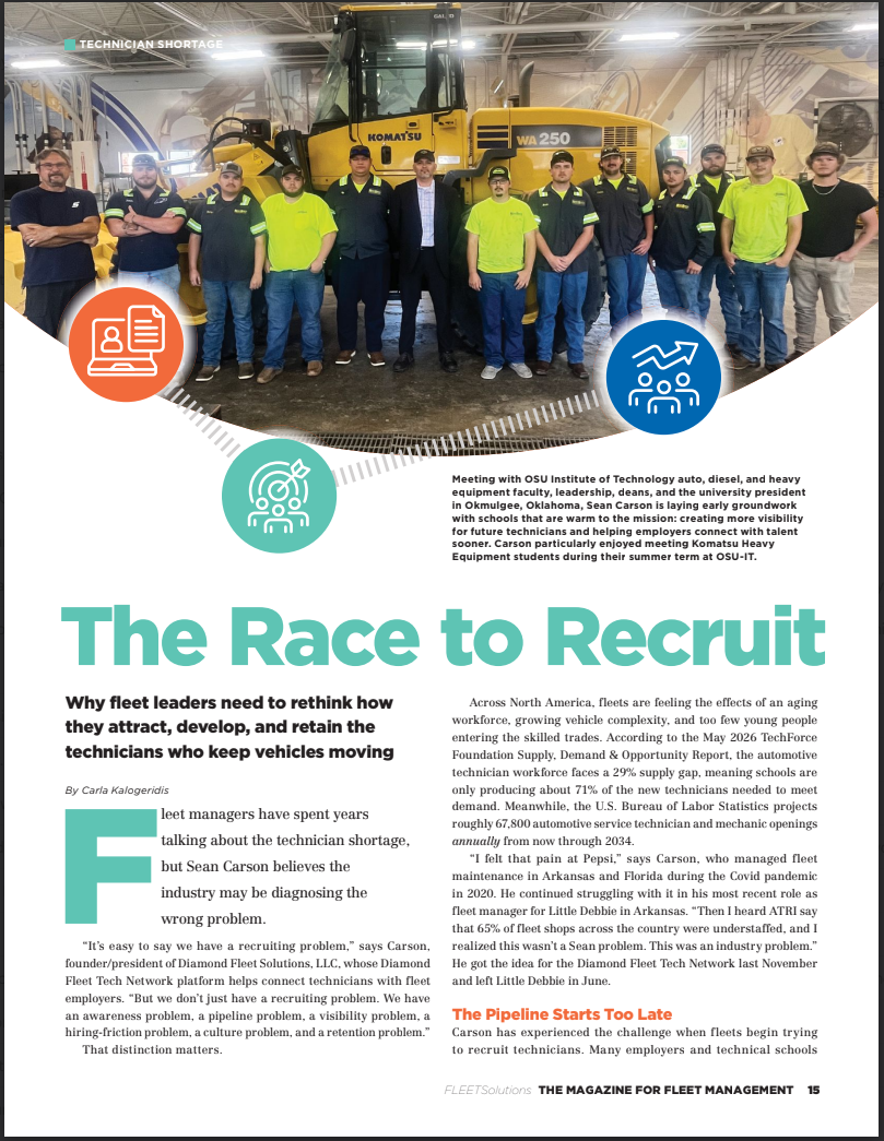 Page 15 of The Race to Recruit in NAFA FleetSolutions, showing the article title and fleet technicians
