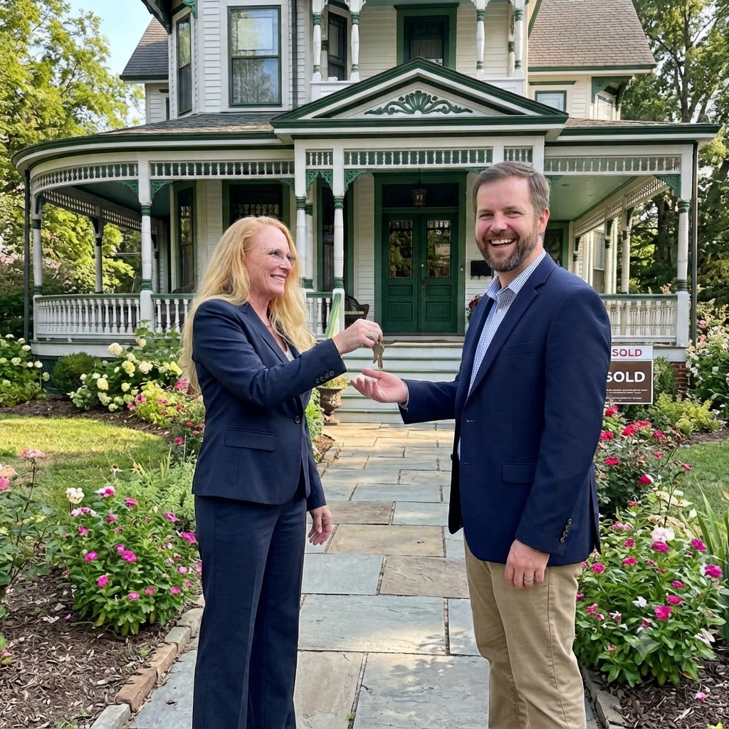 Local agent handing keys to a happy buyer in front of a Victorian home