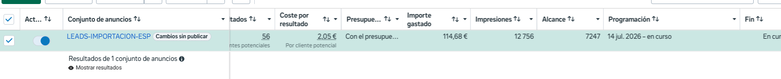 Captura de Meta Ads Manager - campaña LEADS-IMPORTACION-ESP