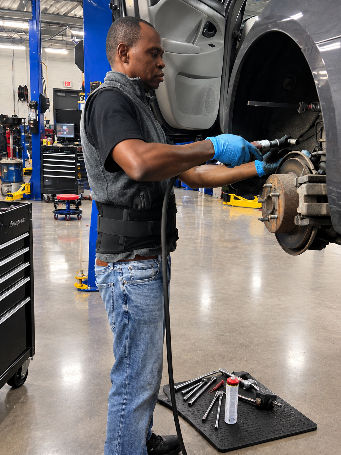 Amos Olayemi working on a brake job at His Grace Auto Repair