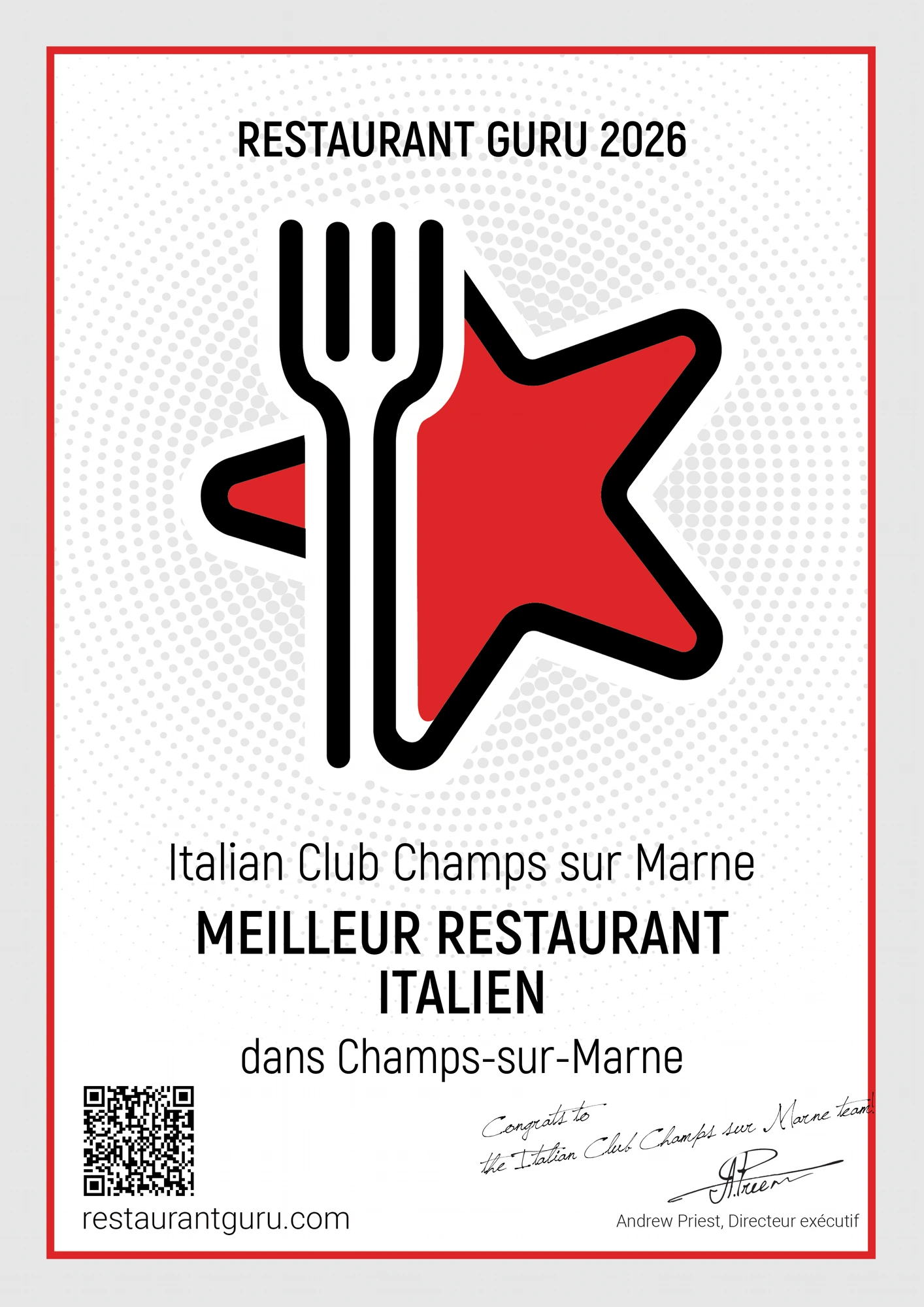Certificat Restaurant Guru 2026 — Meilleur restaurant italien