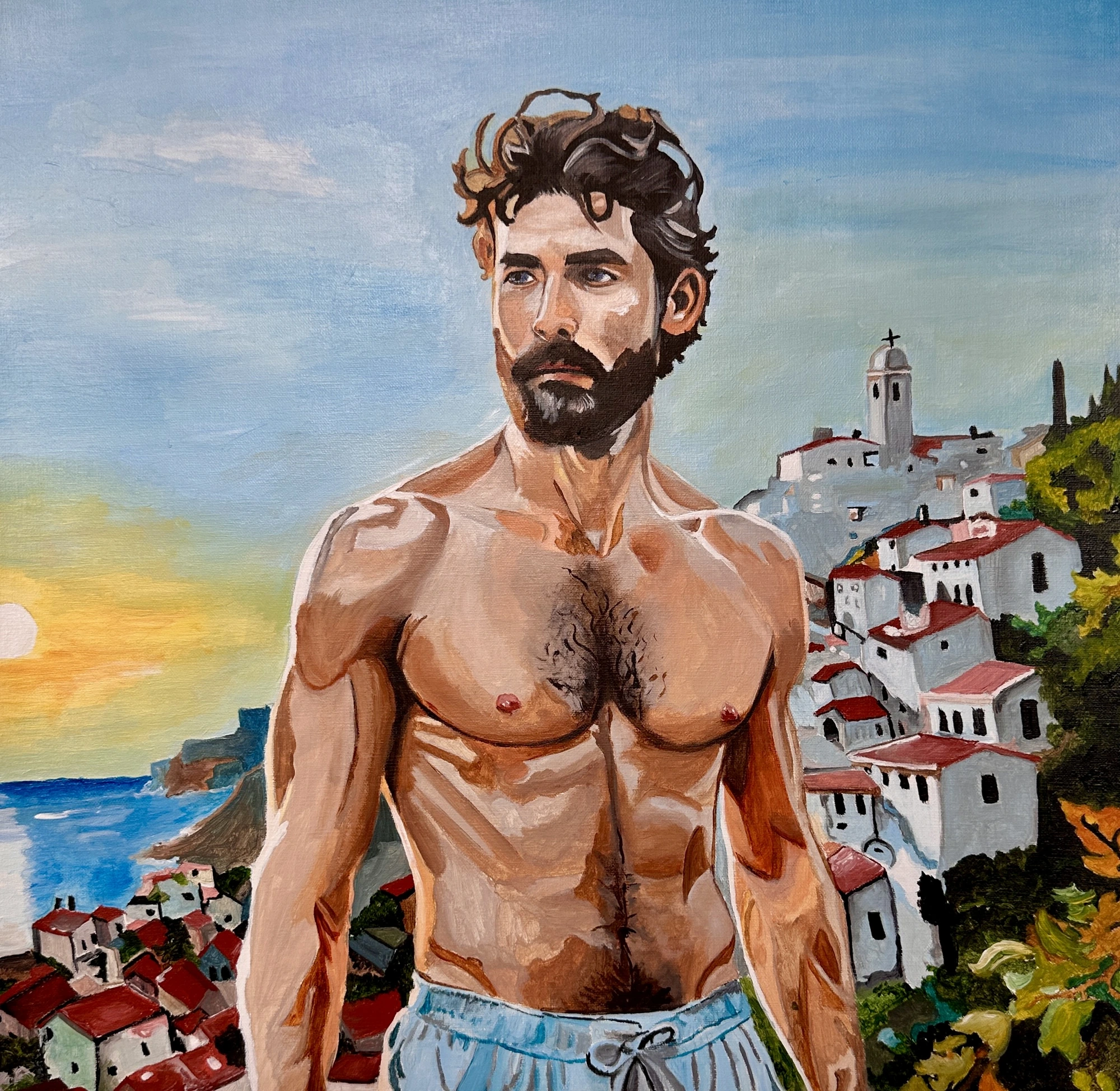 Modern Apollo Against a Village Coastline