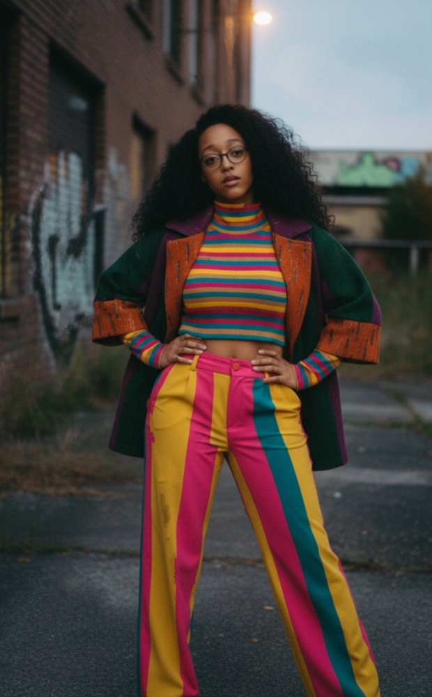 Dani Morr — color-blocked alley portrait, front stance