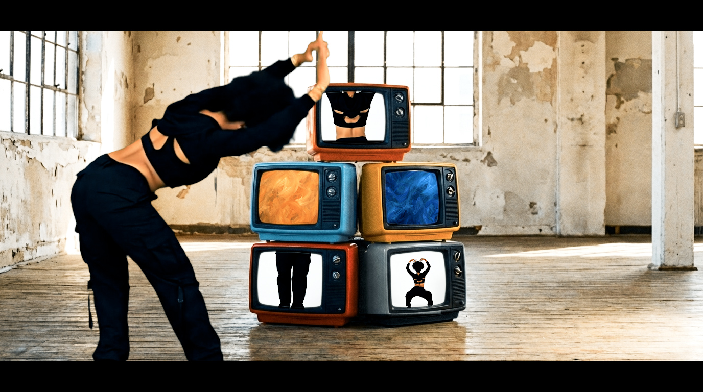 Dancer bending beside a stack of vintage televisions