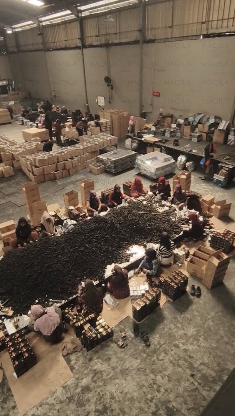 Workers hand-packing and quality-checking coconut shell charcoal briquettes before dispatch