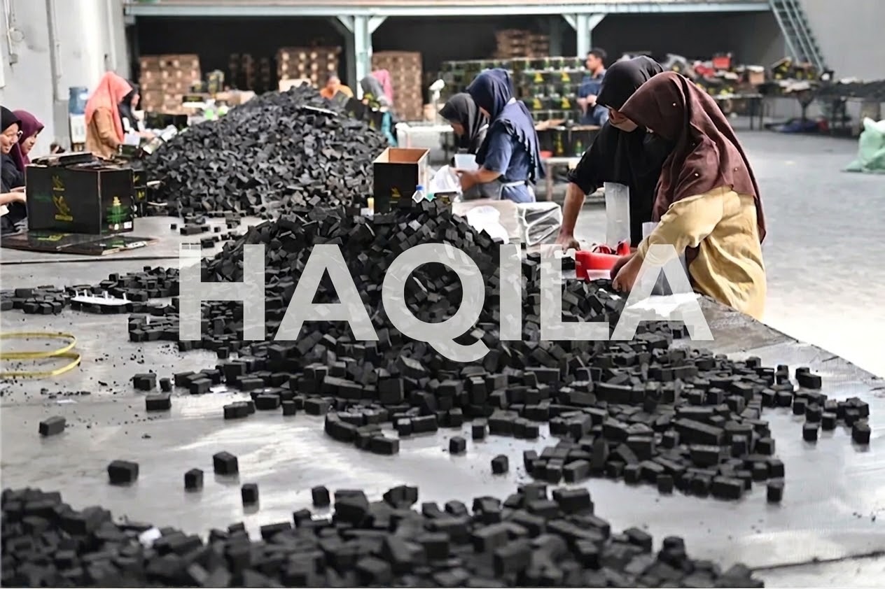 Cube coconut shell charcoal briquettes packed to buyer specification at a manufacturing partner's facility
