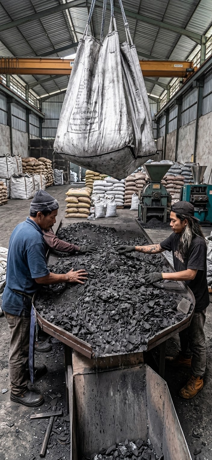 Workers sorting raw coconut shell charcoal pieces at a manufacturing partner's facility in Indonesia