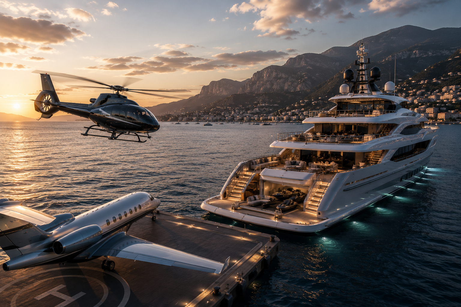 Superyacht with a private helicopter and jet at sunset on the Riviera