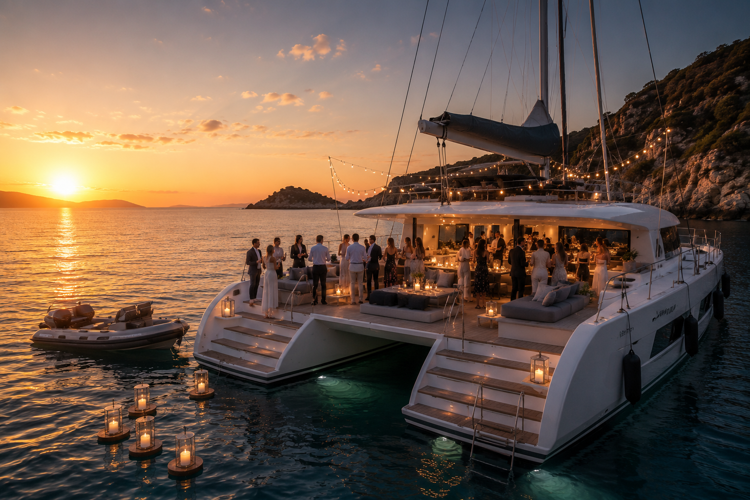 Guests at an exclusive candlelit sunset event aboard a luxury catamaran