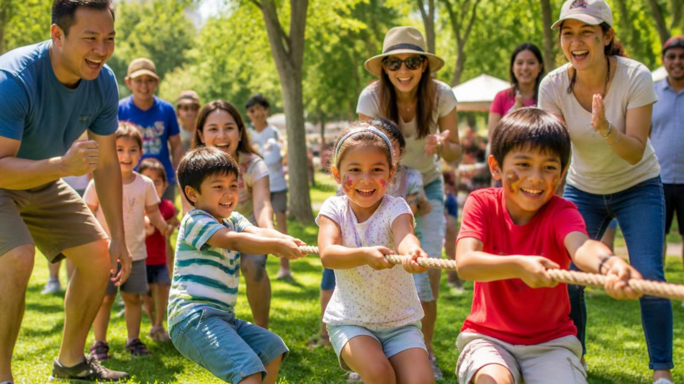 Families and kids playing tug-of-war together in the park