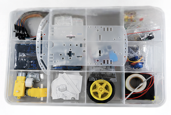 OLL ICSE Robotics kit components tray — Arduino, sensors, motors, wires, LEDs and mechanical parts for Class 9 & 10 practical activities