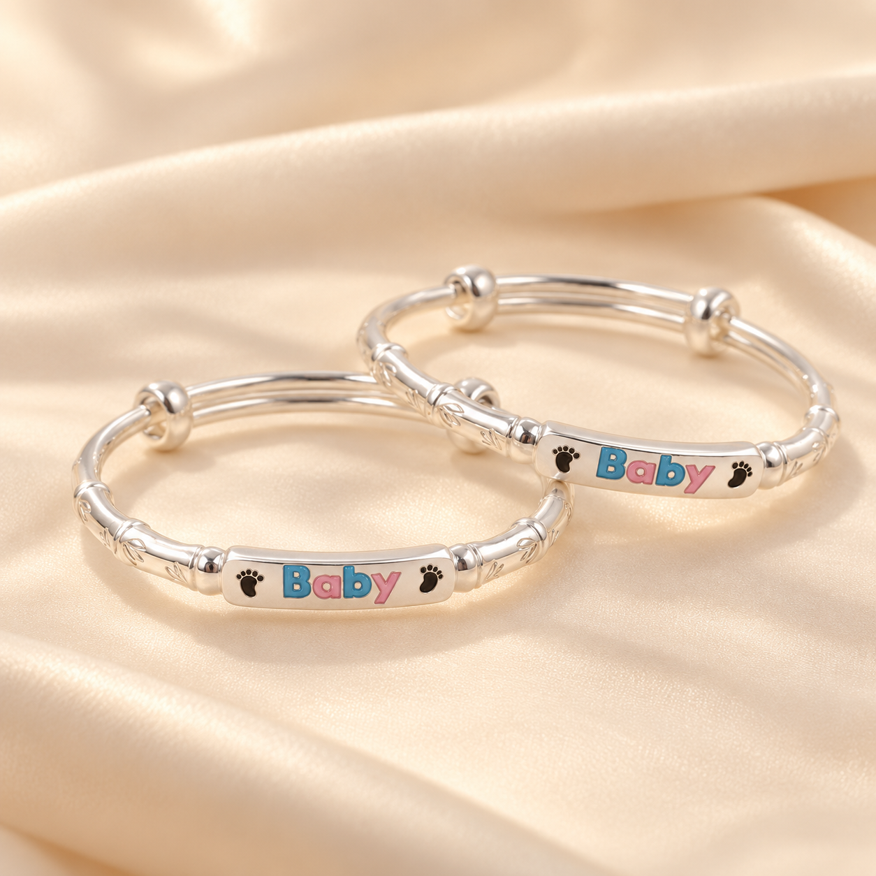 Kuvera 999 Fine Silver Baby Kada — pair with Baby plaque and footprints