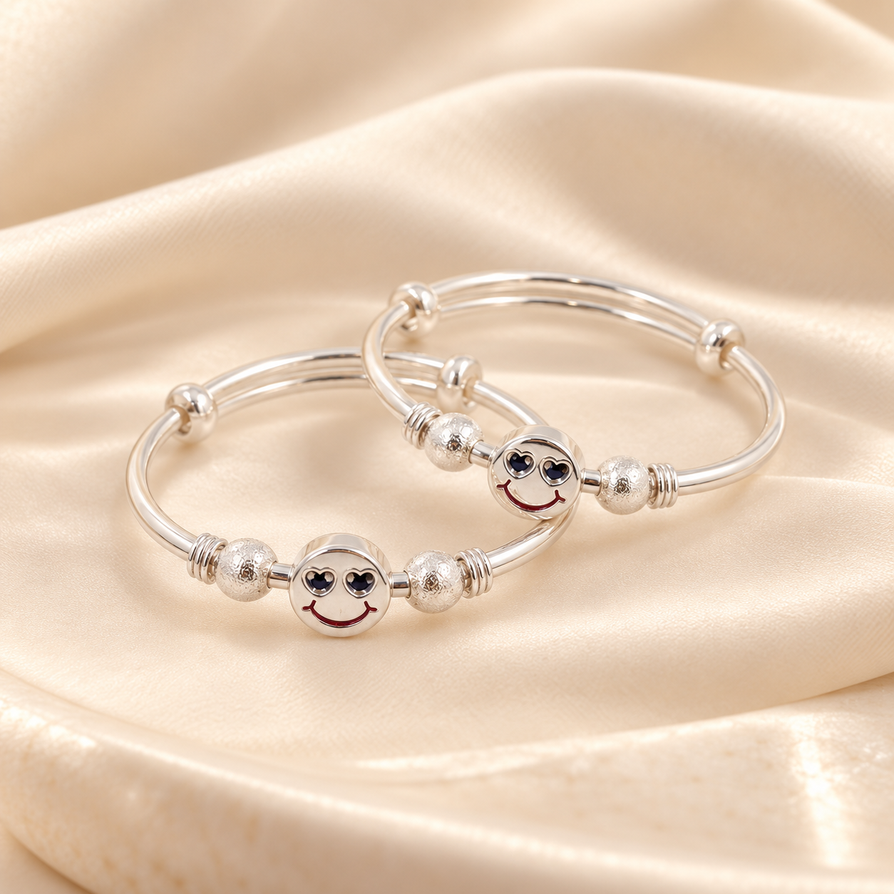 Kuvera 92.5 Sterling Silver Baby Kada — pair with smiley charms, adjustable