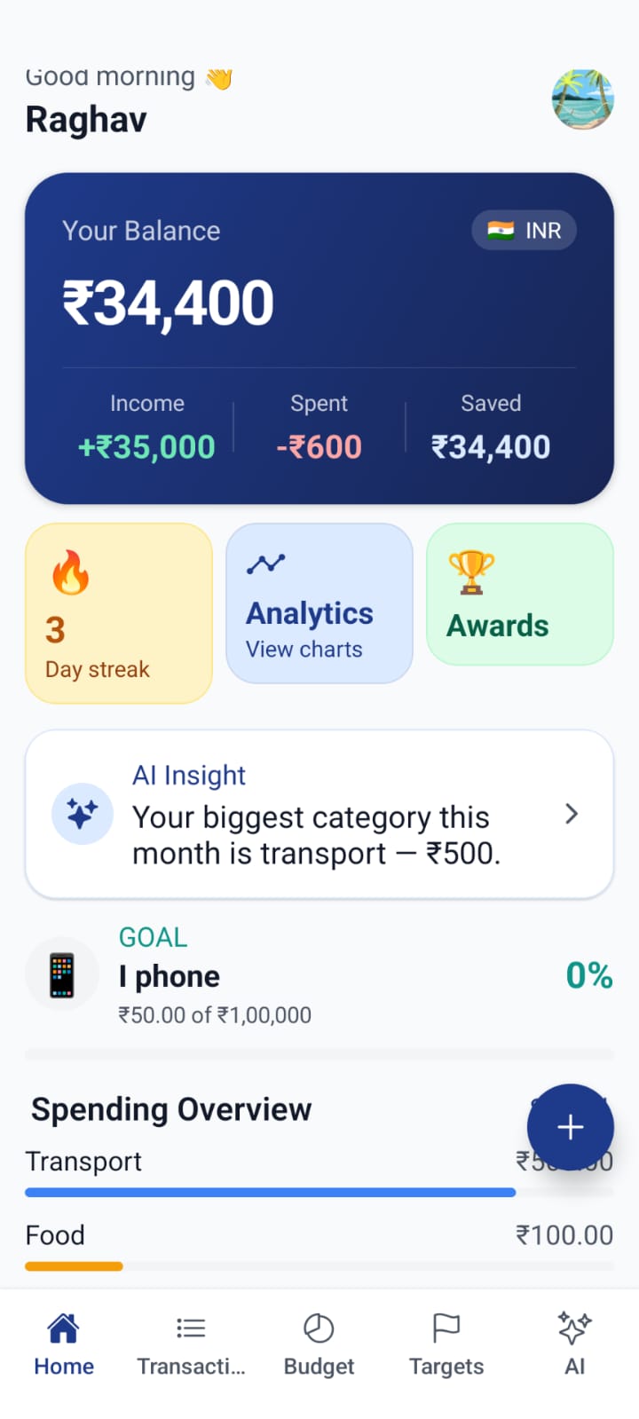 My Wallet mobile dashboard showing Raghav's balance, insights, goals, and spending