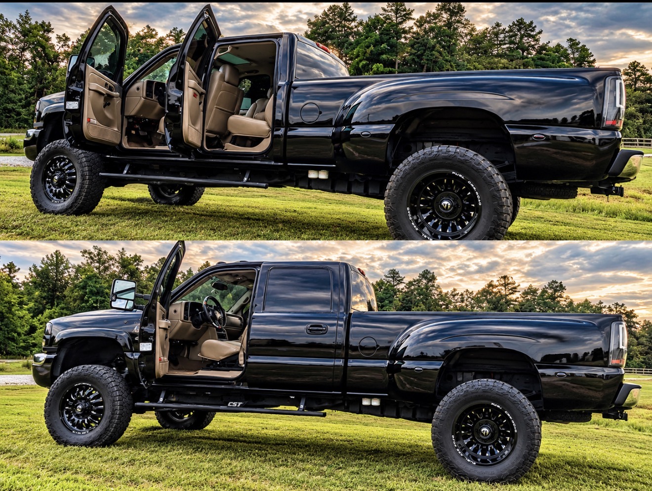 Lifted black GMC dually, side profile