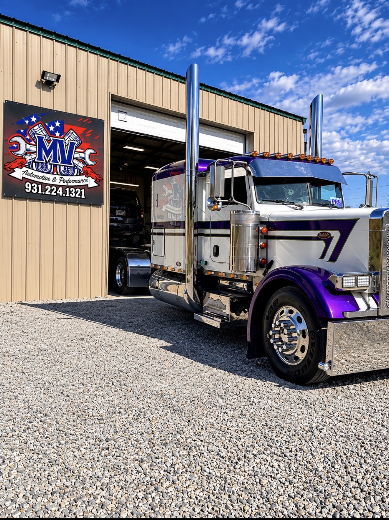 Peterbilt semi outside the MV Automotive shop