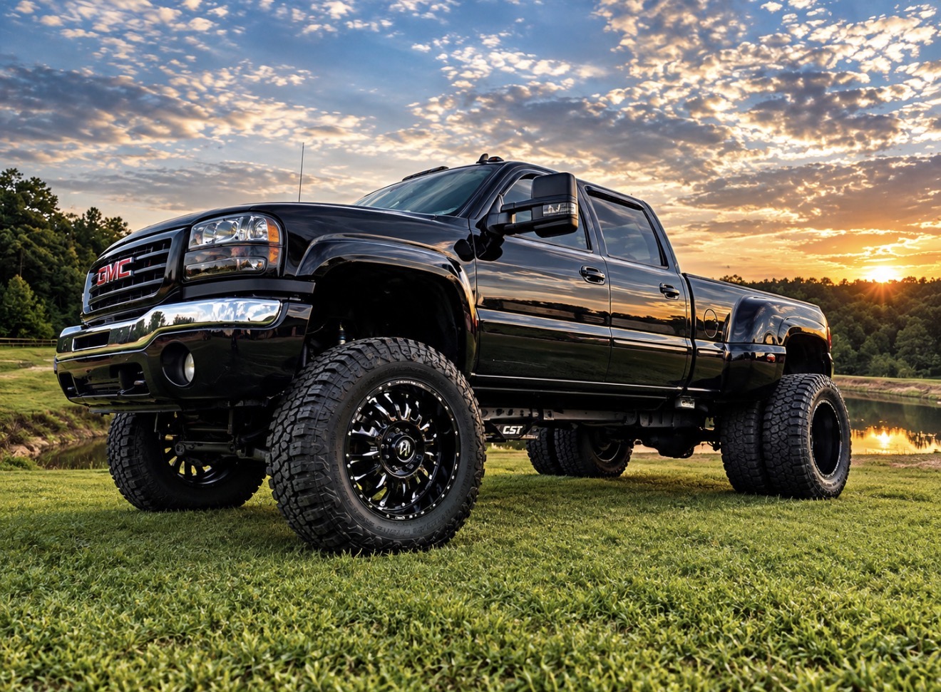 Lifted black GMC dually built by MV at sunset