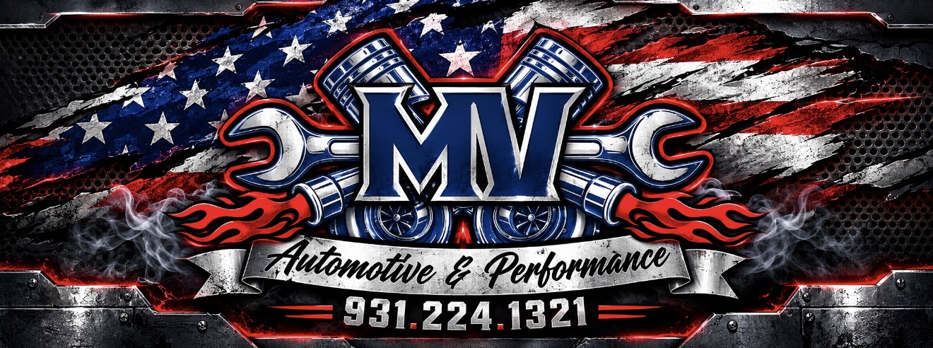 MV Automotive & Performance — American flag banner with pistons and wrenches