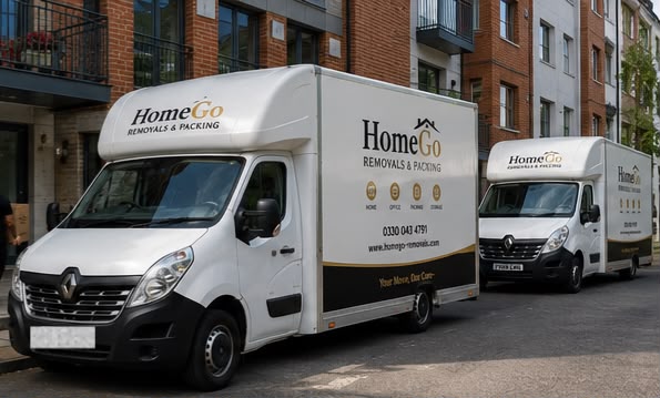 Two branded HomeGo Removals Luton vans parked outside a London apartment block