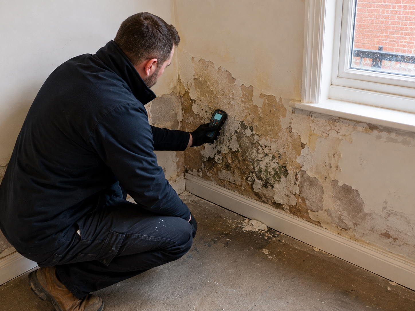 A Procure Group surveyor taking moisture readings from a damp, salt-damaged wall