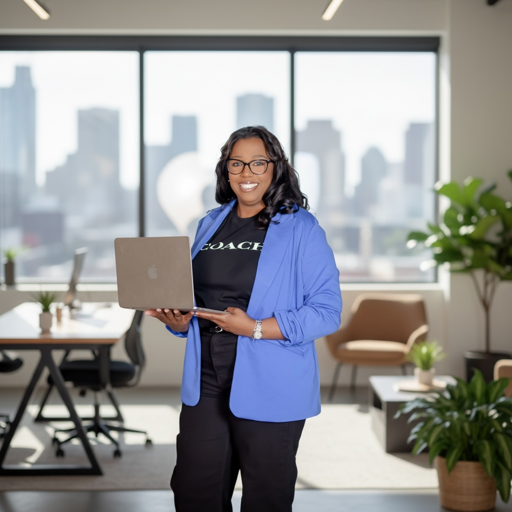 An elegant executive woman in a warm interior, thoughtful
