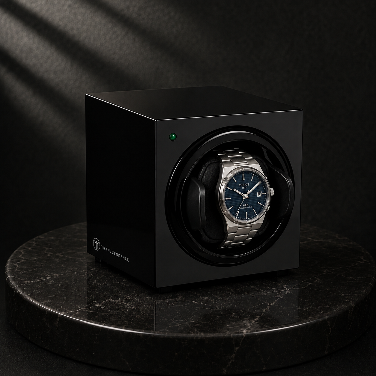 Transcendence watch winder on marble with a Tissot PRX automatic