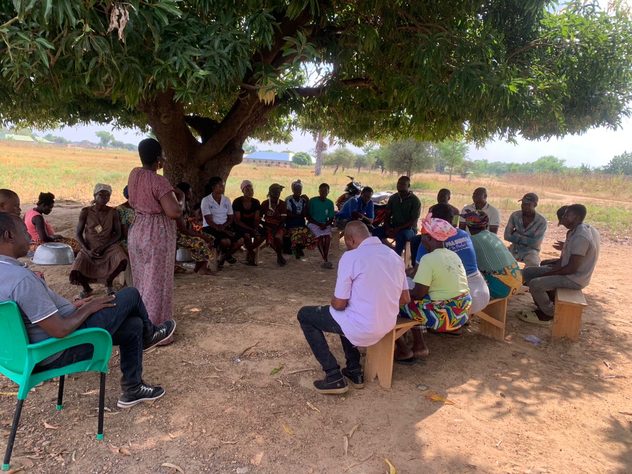 An agronomist teaching a group of Ghanaian cocoa farmers about organic crop protection